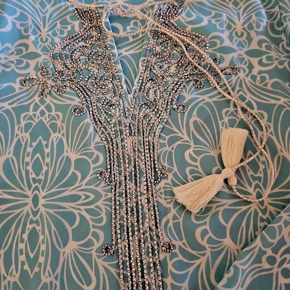 Chico's Blouse Size 0, Top Split neck long sleeves tunic style aqua blue blouse - Picture 4 of 9